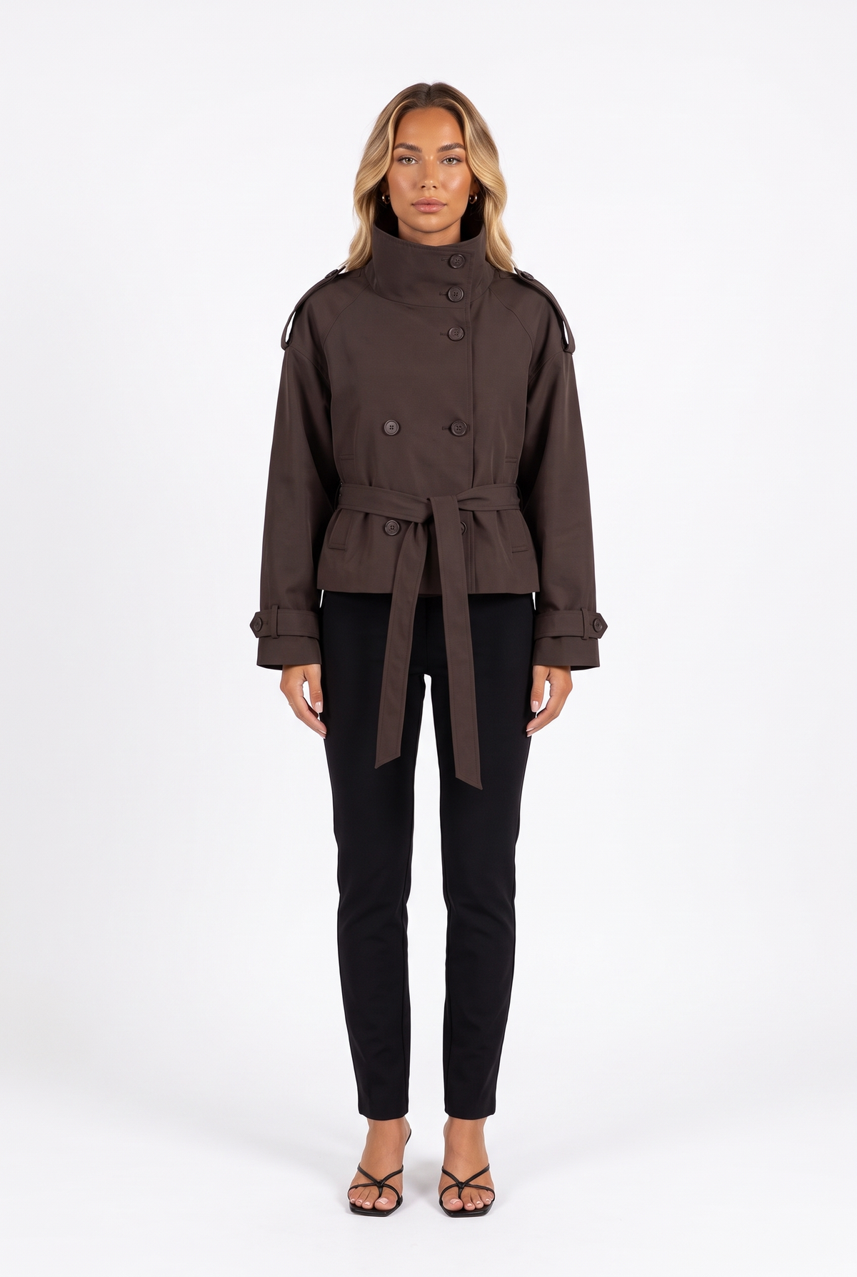 Brown cropped double-breasted belted trench jacket — front