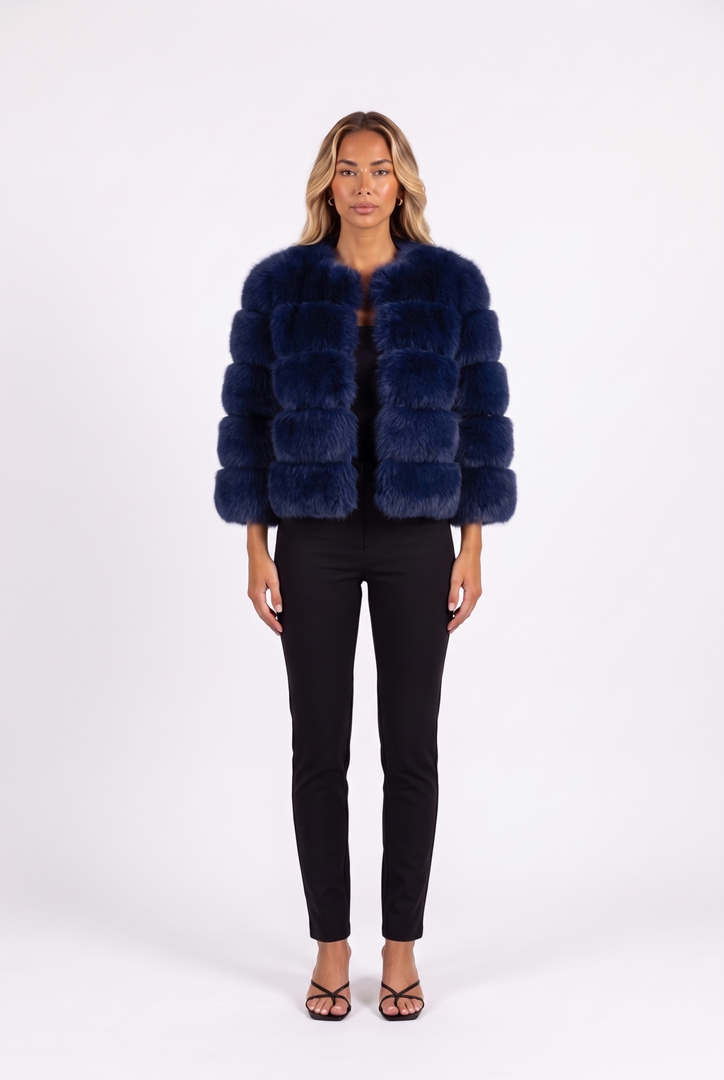 Navy Blue cropped faux fur jacket with three-quarter sleeves — front