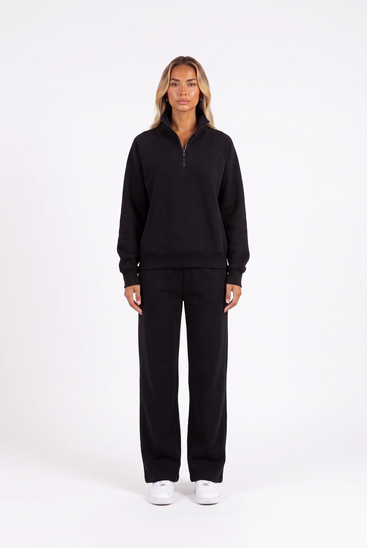 Funnel-collar zip sweatshirt and wide-leg pants set in black — front
